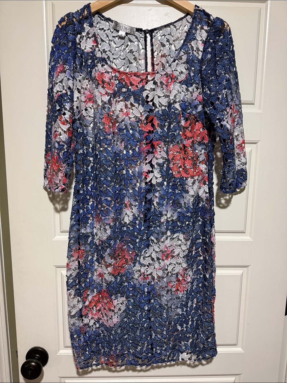 Kay Unger Navy Lace sheath dress Size 8 lace blue shimmer sequin party cocktail